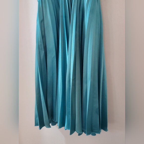 Aqua blue green satin pleated party dress, XS, halter, backless, Lillie Rubin - Picture 6 of 10